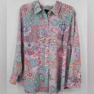 Talbots Classic Cotton Shirt Womens Plus 2X Multicolor Paisley Button Front